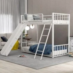 Metal Bunk Bed With Slide, Twin Over Twin, White - White - Twin