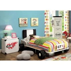 Feln Modern Metal 2-Piece Upholstered Racing Bed With Nightstand Set By Furniture Of America - Pink -Furniture Kids Store b7ff9984 71cd 4f0b a7c7 d610538381af