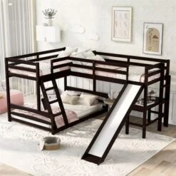 Merax L-shaped Twin Over Full Bunk Bed With Twin Size Loft Bed, Desk, Slide - Espresso
