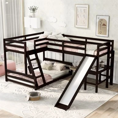 Merax L-shaped Twin Over Full Bunk Bed With Twin Size Loft Bed, Desk, Slide - Espresso 3 Merax L-shaped Twin Over Full Bunk Bed With Twin Size Loft Bed, Desk, Slide - Espresso