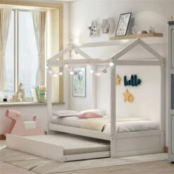 House Bed With Trundle, Can Be Decorated, White - White - Twin