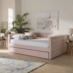Baxton Studio Larkin Modern Velvet Fabric Upholstered Daybed With Trundle - Queen - Pink -Furniture Kids Store bdf010e9 e561 40fd a1c6 cdc3b486f5ec