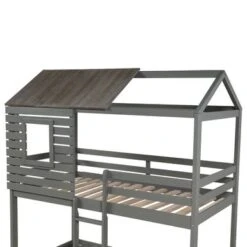 Bunk Bed Wood Loft Bed With Roof, Window, Guardrail, Ladder - Gray - Twin -Furniture Kids Store be266157 a342 45b8 ad14 d459f73c001f