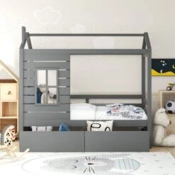 Nestfair Twin Size House Bed Wood Bed With Two Drawers - Natural -Furniture Kids Store c109f20c a9eb 4418 a32b 306a7ffa0bf9