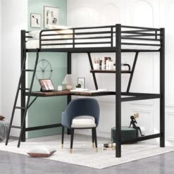 Merax Metal Loft Bed With L-shaped Desk And Shelf - Black - Full -Furniture Kids Store cadb425f 8426 4ccb 8ec9 770434b75fee
