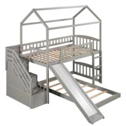 Twin Over Twin Bunk Bed With Two Drawers And Slide - Grey -Furniture Kids Store cda85de5 8008 4e16 84aa 72215752d3ca