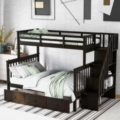 Twin-Over-Full Bunk Bed With Drawer And Guard Rail, Espresso Color - Espresso - Twin
