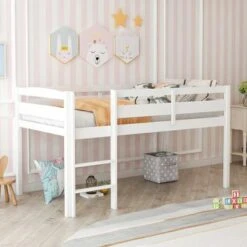 Twin Size Wooden Loft Bed, Low Loft Beds With Ladder - Walnut -Furniture Kids Store da1181e2 a35b 459e 9853 4a740c697caa