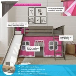 Max And Lily Twin Over Twin Low Bunk With Slide And Curtains - Grey With Purple/White Curtain -Furniture Kids Store dda23047 88f4 482b 8a38 b4ee1157b1c1