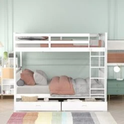 Twin-Over-Twin Bunk Bed With Ladders And Two Storage Drawers - White