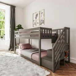 Max And Lily Twin Over Twin Low Bunk Bed With Staircase - Pecan -Furniture Kids Store e5347408 8c35 40a0 88c0 55a57b38b235