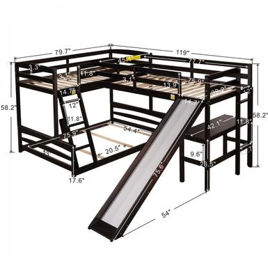 Merax L-shaped Twin Over Full Bunk Bed With Twin Size Loft Bed, Desk, Slide - Espresso 16 Merax L-shaped Twin Over Full Bunk Bed With Twin Size Loft Bed, Desk, Slide - Espresso - Image 14