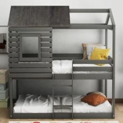 Bunk Bed Wood Loft Bed With Roof, Window, Guardrail, Ladder - Gray - Twin