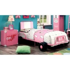 Feln Modern Metal 2-Piece Upholstered Racing Bed With Nightstand Set By Furniture Of America - Pink