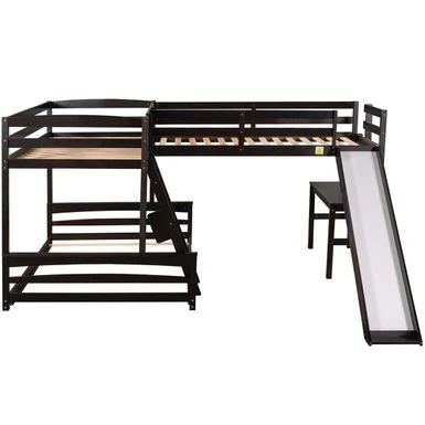 Merax L-shaped Twin Over Full Bunk Bed With Twin Size Loft Bed, Desk, Slide - Espresso 13 Merax L-shaped Twin Over Full Bunk Bed With Twin Size Loft Bed, Desk, Slide - Espresso - Image 11