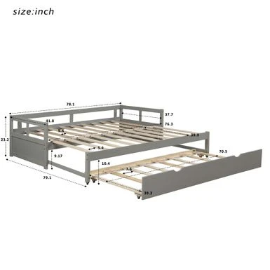 Extending Daybed With Trundle, Wooden Daybed With Trundle - Grey 12 Extending Daybed With Trundle, Wooden Daybed With Trundle - Grey - Image 10