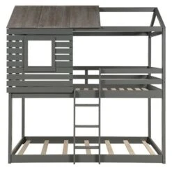 Bunk Bed Wood Loft Bed With Roof, Window, Guardrail, Ladder - Gray - Twin -Furniture Kids Store f1cb9f9e eac8 43b9 8a11 8a7b09bfa00f