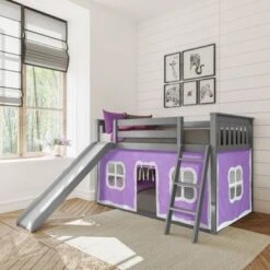Max And Lily Twin Over Twin Low Bunk With Slide And Curtains - Grey With Purple/White Curtain