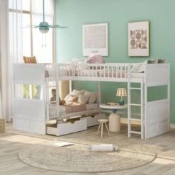 Nestfair Twin Size Bunk Bed With A Loft Bed Attached And Two Drawers - White