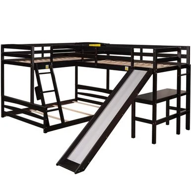 Merax L-shaped Twin Over Full Bunk Bed With Twin Size Loft Bed, Desk, Slide - Espresso 12 Merax L-shaped Twin Over Full Bunk Bed With Twin Size Loft Bed, Desk, Slide - Espresso - Image 10