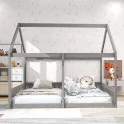 Merax Twin Size House Platform Beds, Two Shared Beds - Grey -Furniture Kids Store fd342c0e ebcb 49ad a76e 976eb2e40d72