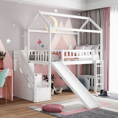 Nestfair Twin Size Loft Bed With Stairs And Two Drawers - White 4 Nestfair Twin Size Loft Bed With Stairs And Two Drawers - White - Image 2